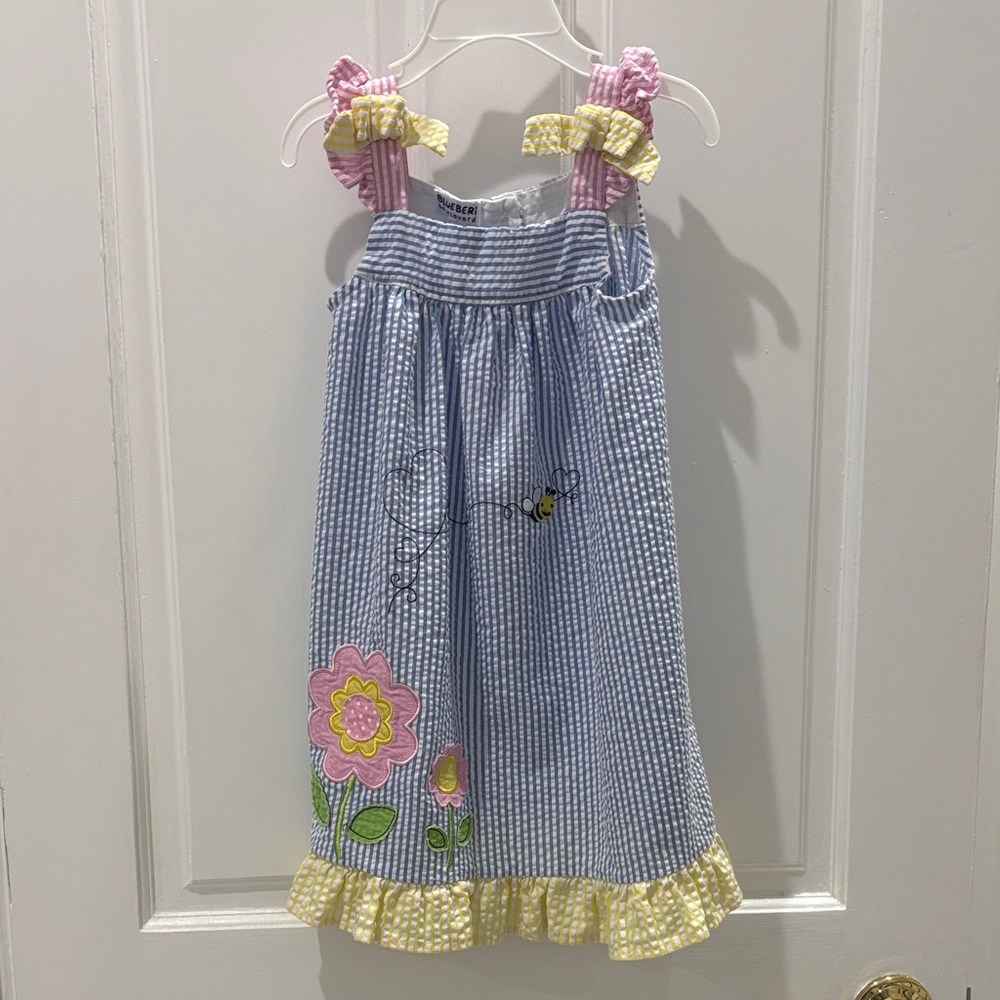 Blueberi Boulevard White & Blue Striped Seersucker Dress with Yellow Bow Accents